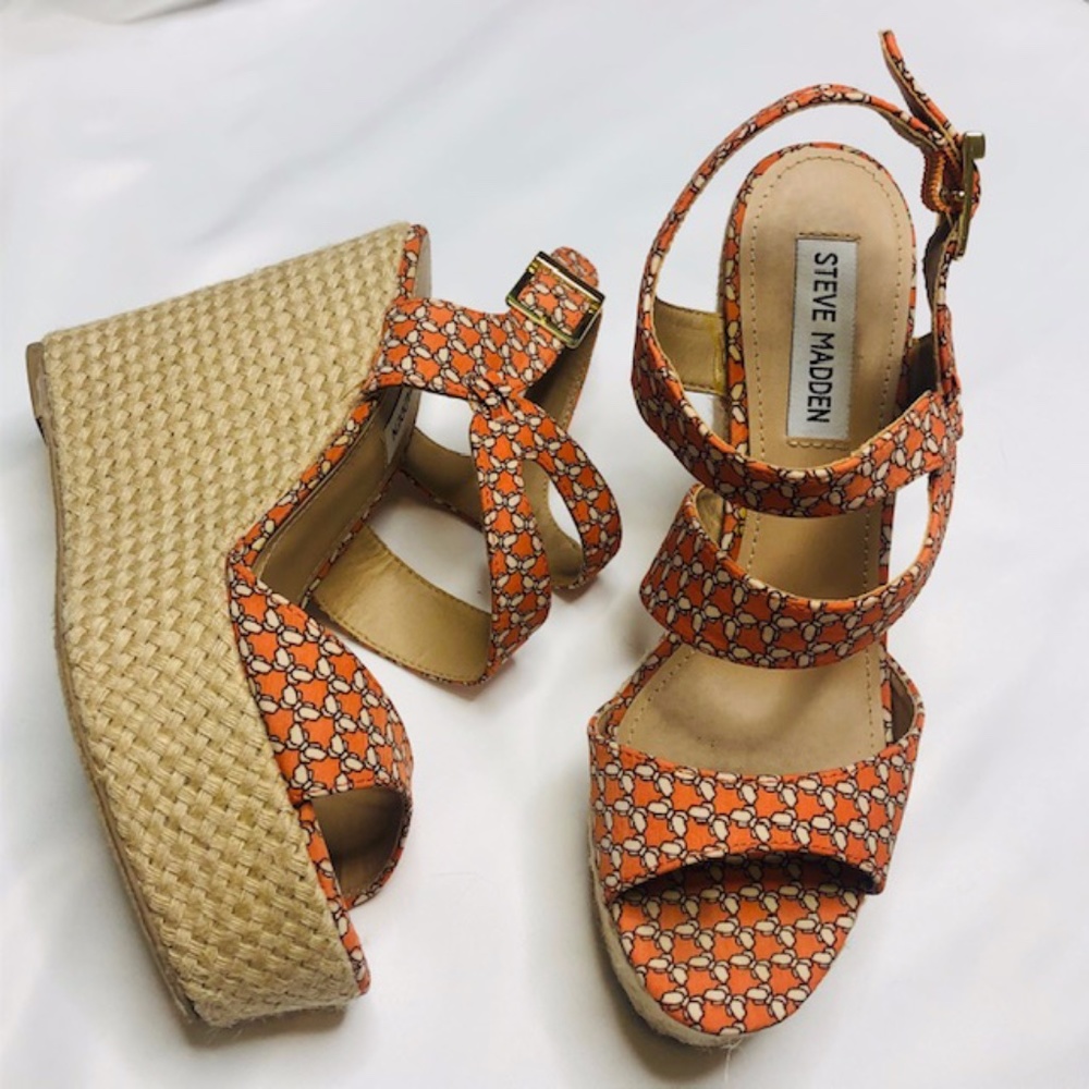 Steve Madden Jenny Wedge Heels Orange Raffia Sz-7